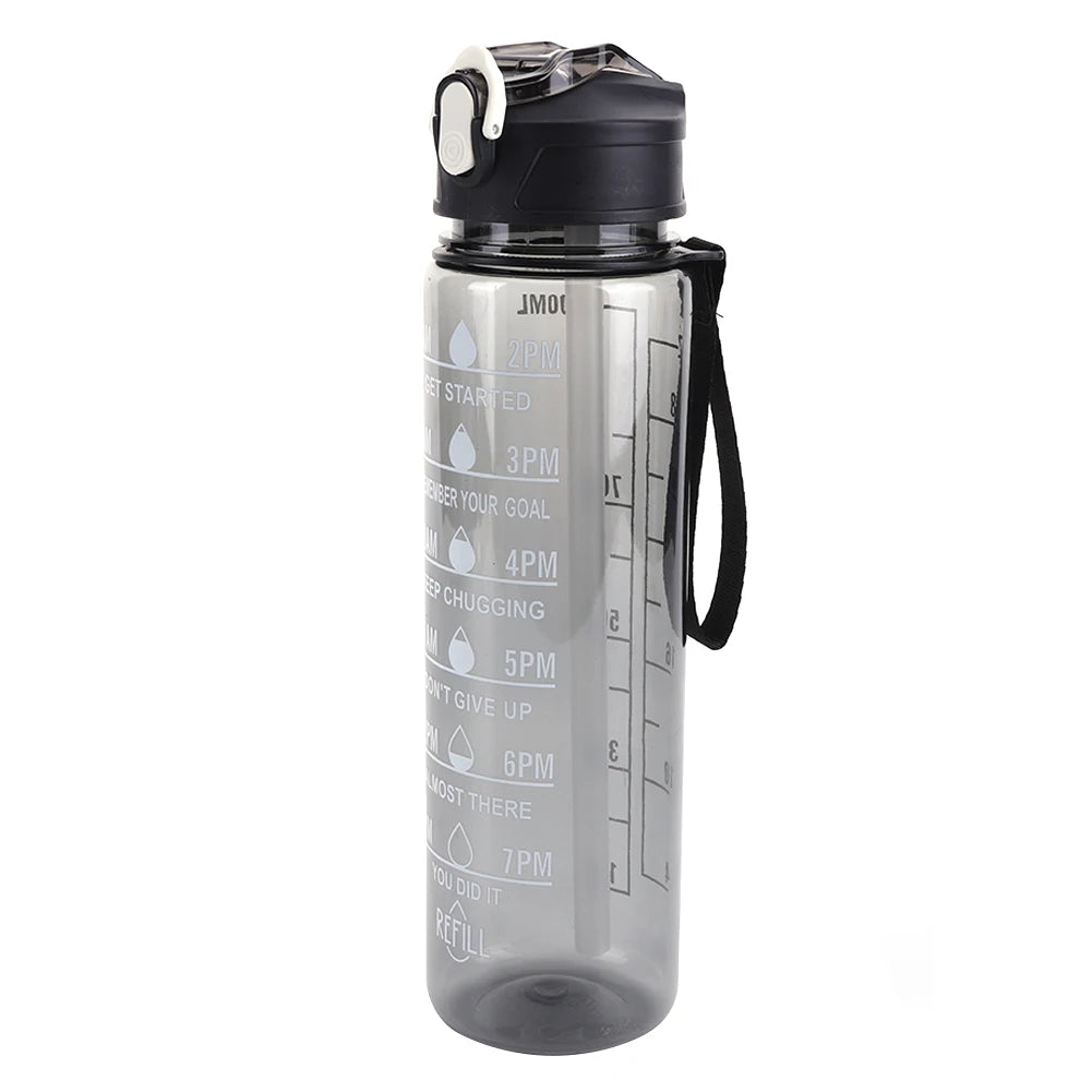 800ml Water Bottle Leakproof Motivational Drinking Bottle for Sports (Black)