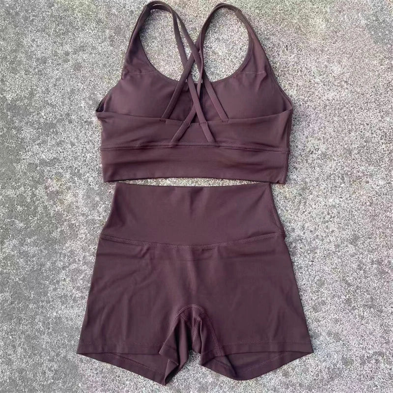 Yoga Clothes Set 2 Piece Gym Sports Shorts Set Women Cross Back Bra Top High Waist Shorts Fitness Suit Running Workout Tracksuit