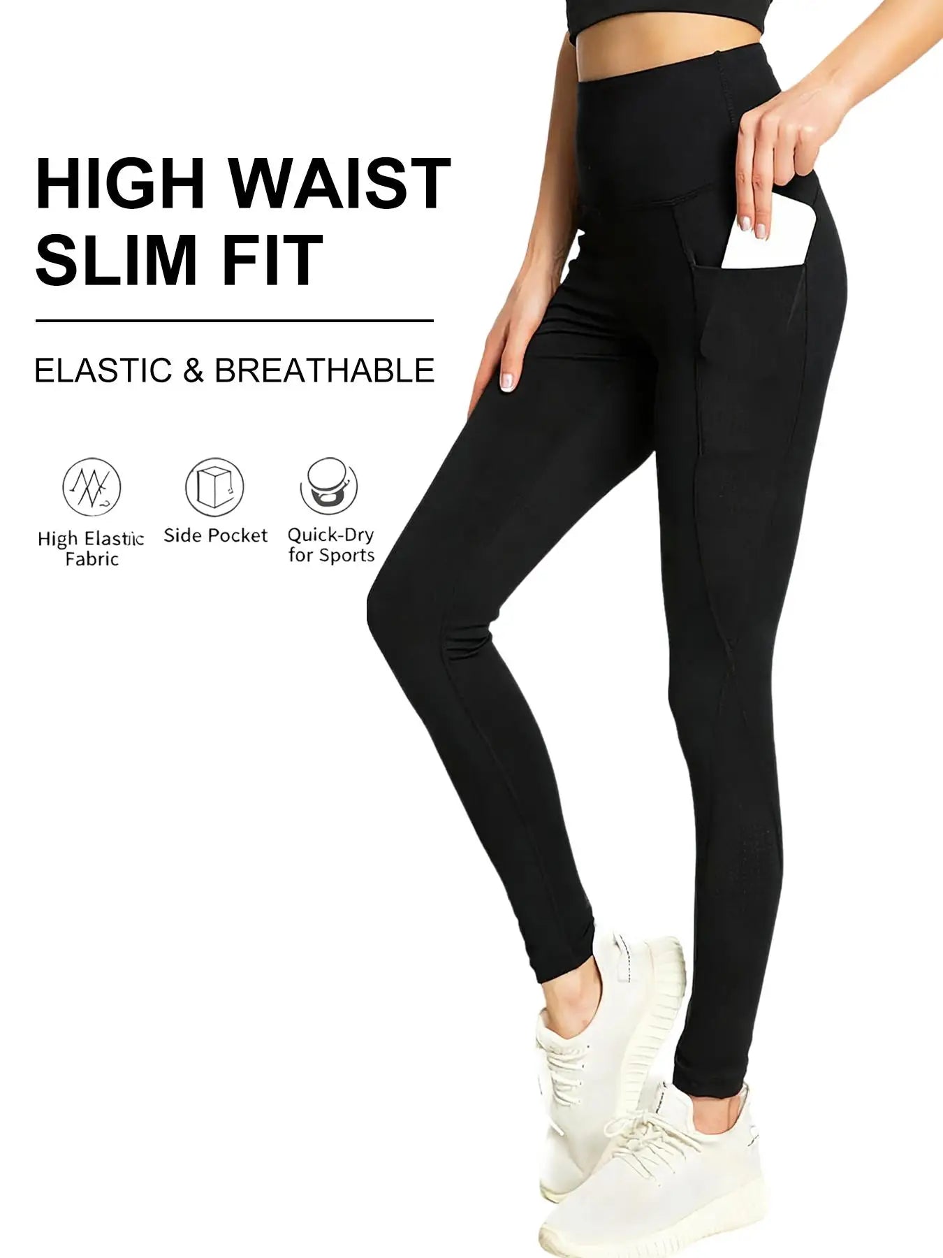 Women's Black Plus Size High-Waisted Yoga Leggings, Flexible Comfortable Fit, For Pilates Gym Running Hiking Daily Workout