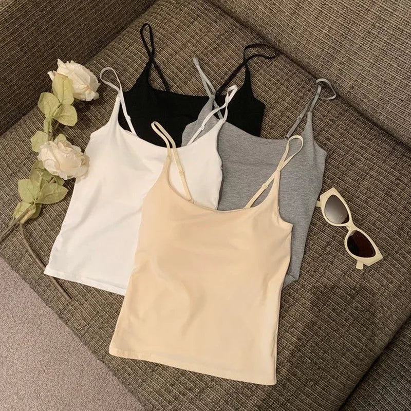 New Simple Cotton Summer Sling Camisole Women Girls Crop Top Sleeveless Shirt Lady Bra Tops Straps Skinny Camisole look thinner