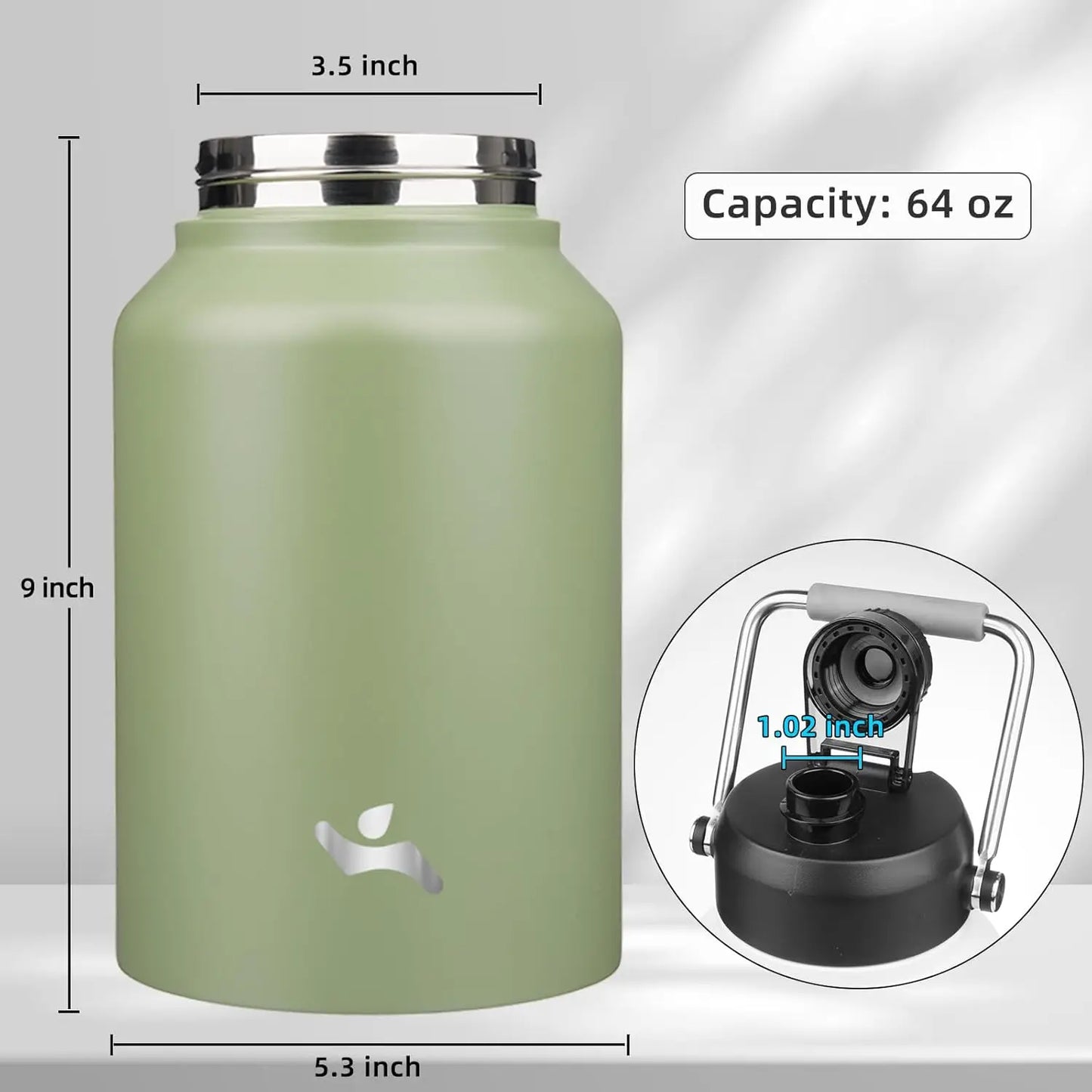 64 oz Insulated Stainless Steel Water Bottle with Handle & Pouch, Camp Green
