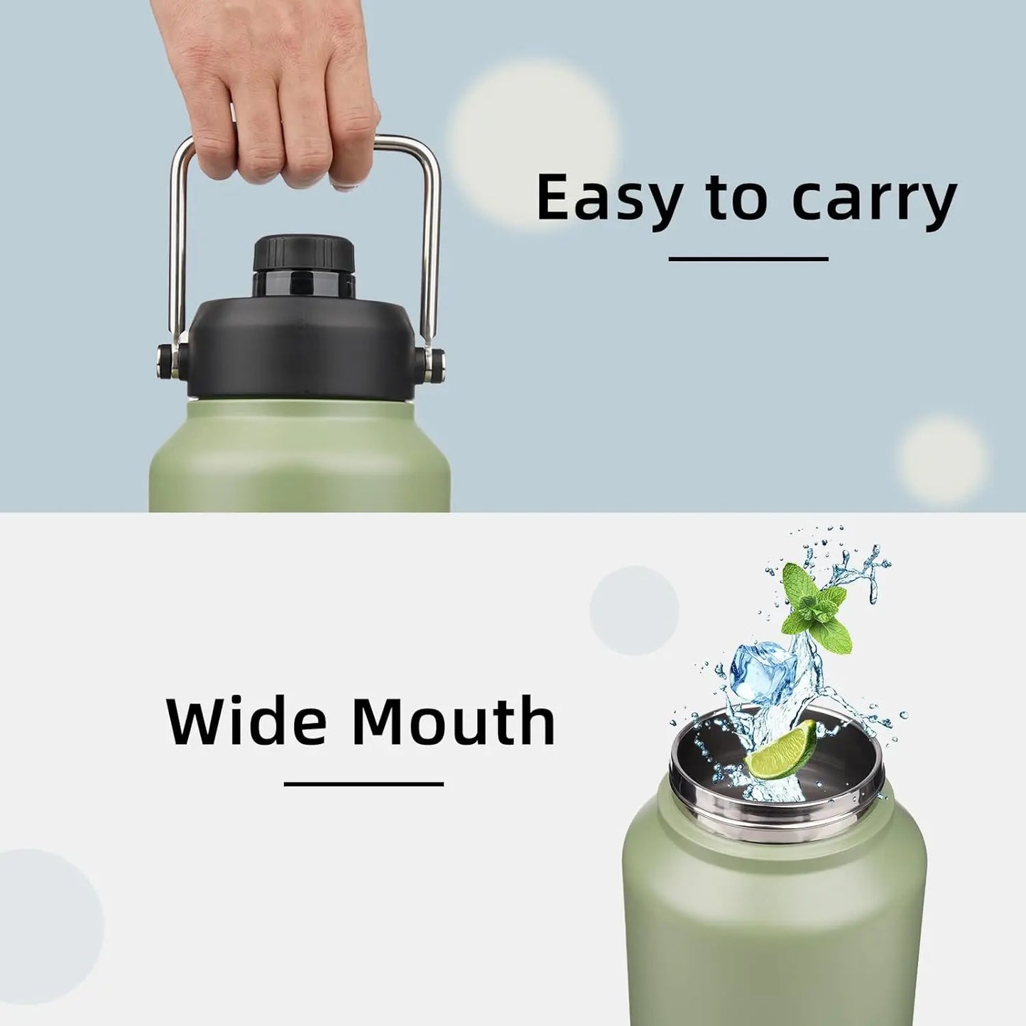 64 oz Insulated Stainless Steel Water Bottle with Handle & Pouch, Camp Green