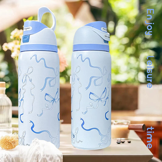 Owalaa Blue butterfly Water bottle 32oz,945ML,with straw,heat preservation time more than 24 hours,camping,work,indoor
