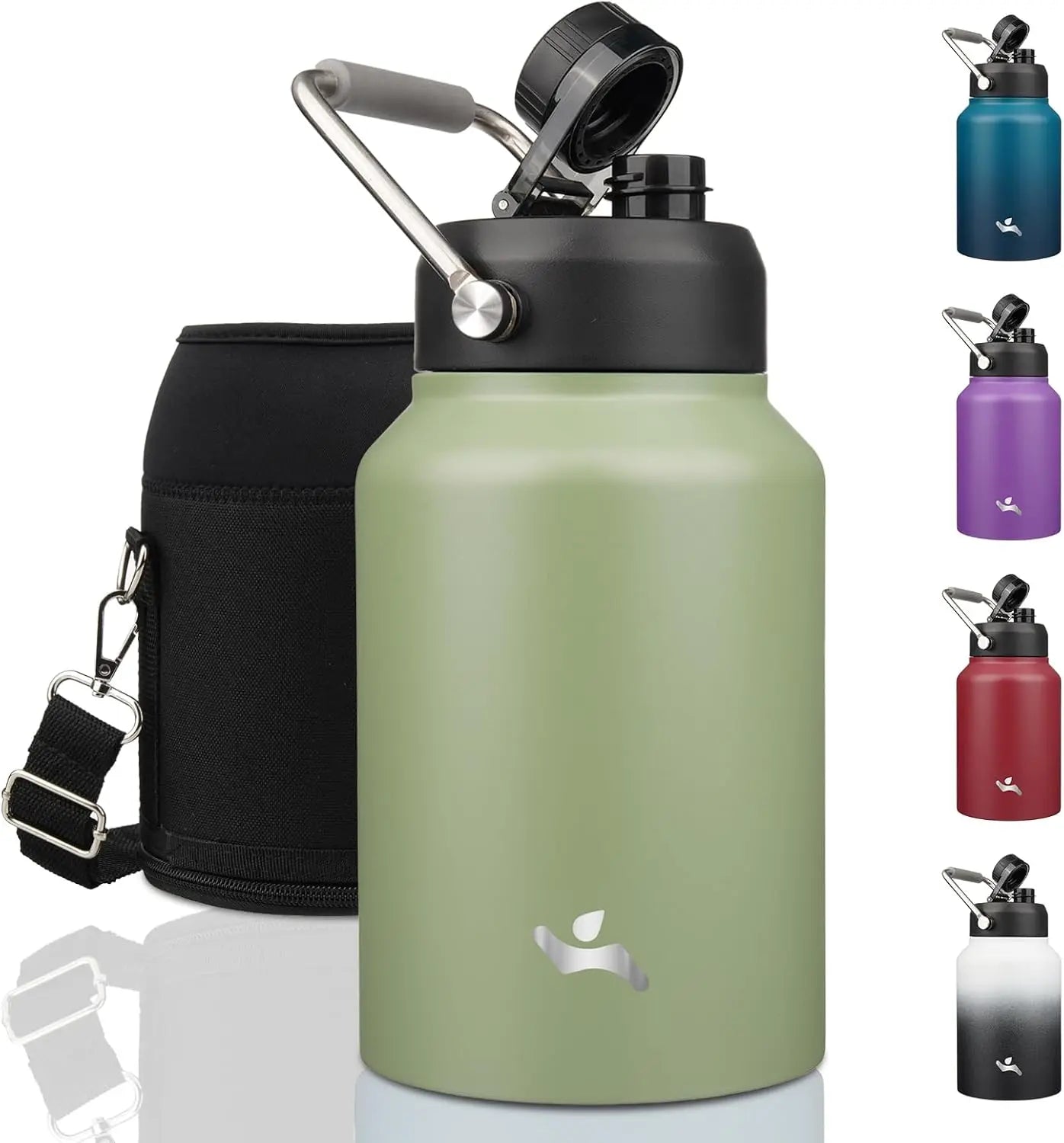 64 oz Insulated Stainless Steel Water Bottle with Handle & Pouch, Camp Green