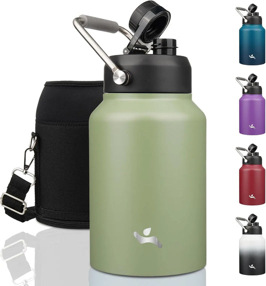 64 oz Insulated Stainless Steel Water Bottle with Handle & Pouch, Camp Green