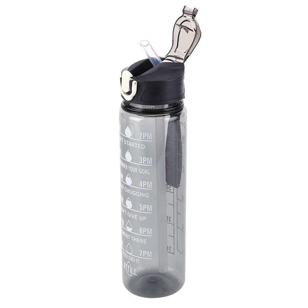 800ml Water Bottle Leakproof Motivational Drinking Bottle for Sports (Black)