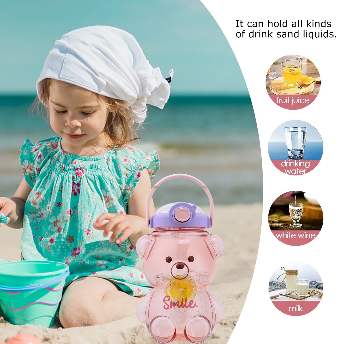 1000ml Large Capacity Cartoon Bear Plastic Sippy Cup Children's Portable Backpack Kettle Water Bottle Mug with Straw Girl's Cup