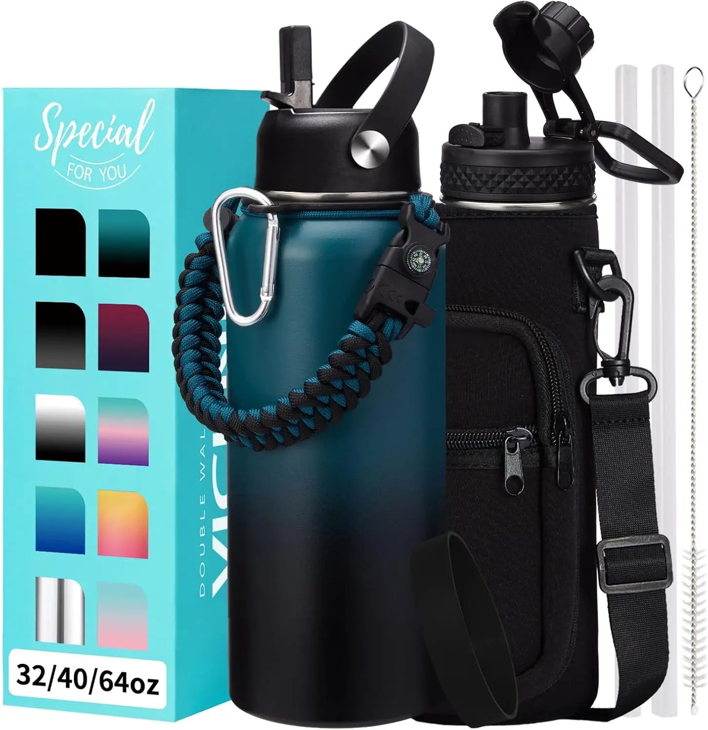 32oz-64oz Insulated Stainless Steel Water Bottle with Straw, Flip Lid, Handle, Paracord Carrier & Silicone Boot, BPA-Free
