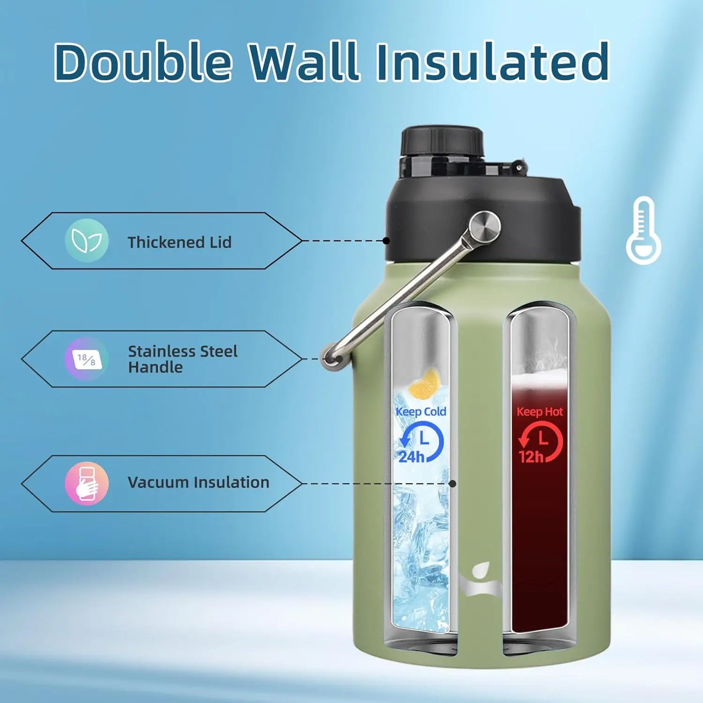 64 oz Insulated Stainless Steel Water Bottle with Handle & Pouch, Camp Green